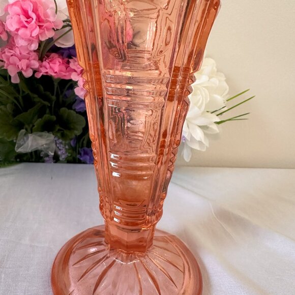 Vintage‎ Richard Walther Pink Art Deco Glass Vase Fluted Geometric Pressed Glass - Picture 6 of 6
